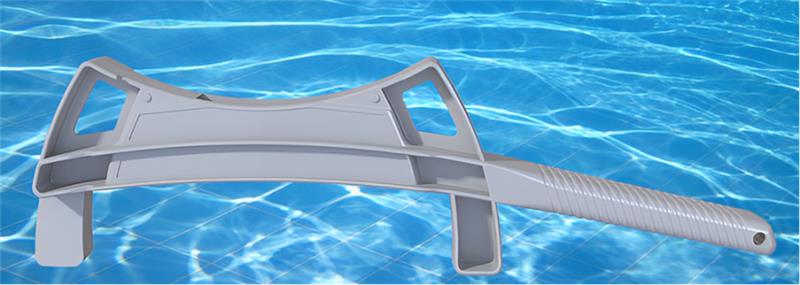 A Pool Cleaner With a Long Handle Is Positioned Beside a Clear Blue Swimming Pool.